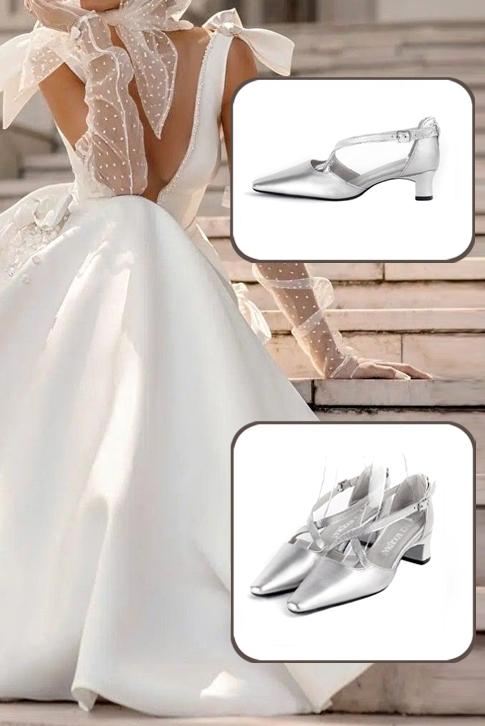 Dress heels closed-back crossed straps in silver leather with kitten heels and tapered toe - Worn view